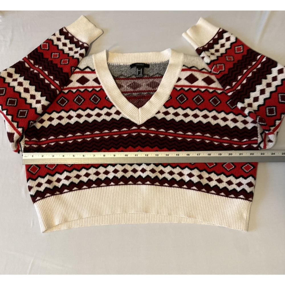Forever 21 Fair Isle Red Cropped V Neck Knit Sweater Womens M Aztec Boho Holiday - Picture 8 of 11